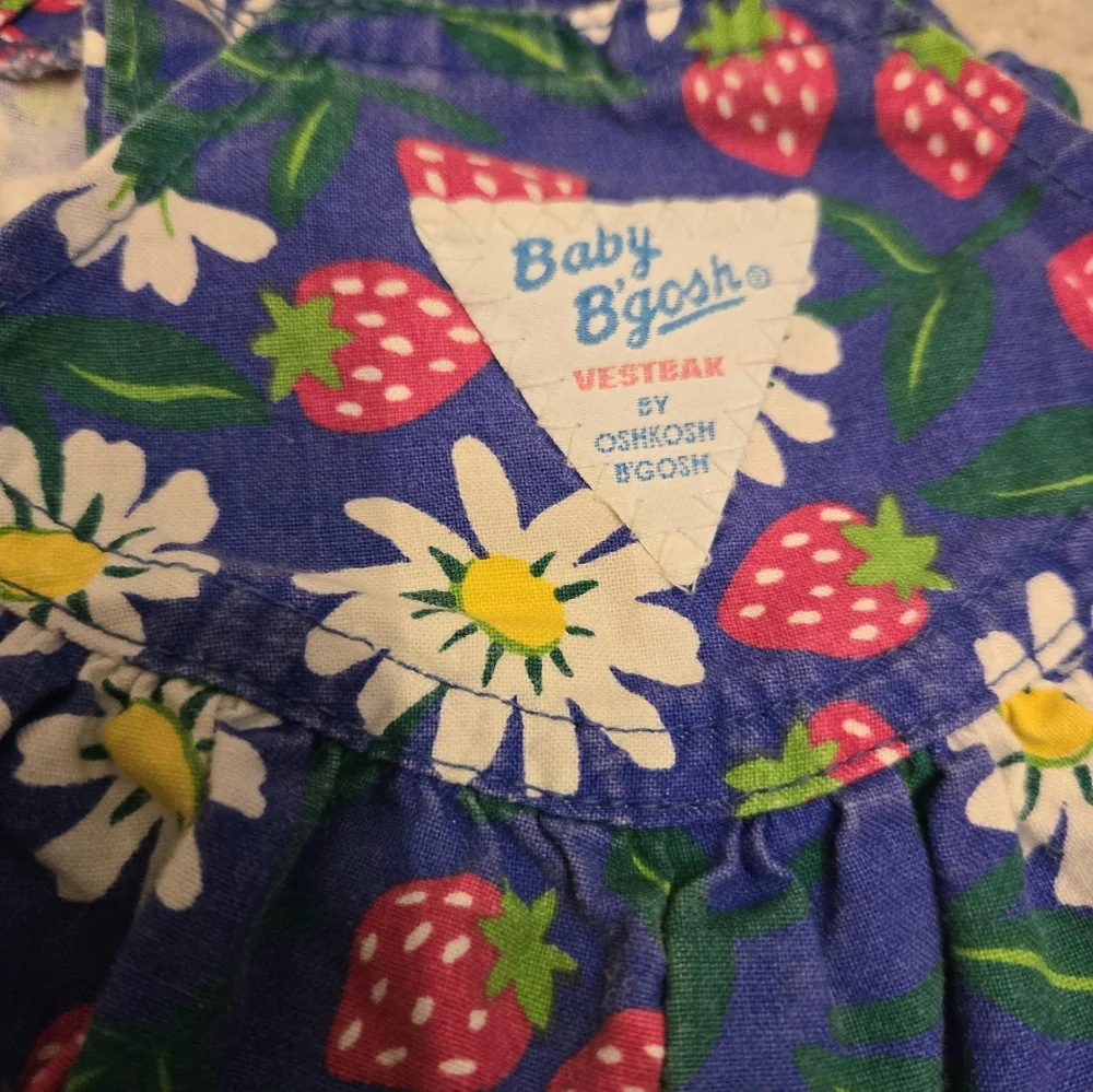OshKosh B'gosh Vintage 1990s Blue Strawberry Print Floral Onesie Overalls